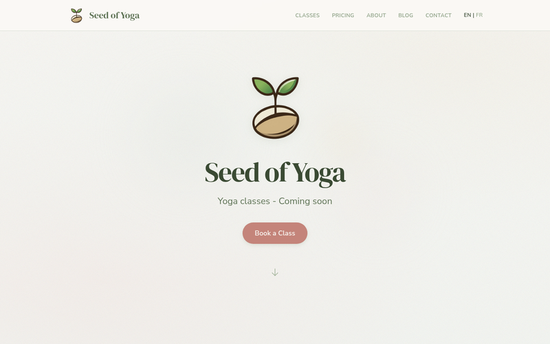 Seed of Yoga — Bilingual EN/FR Hugo single-pager: anchor nav, language switcher, pricing tiers, integrated blog. Designed and built from scratch.