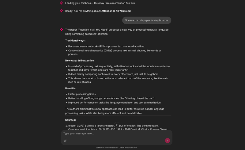The Chainlit chat interface of the textbook assistant answering a question with cited source passages and relevance scores.